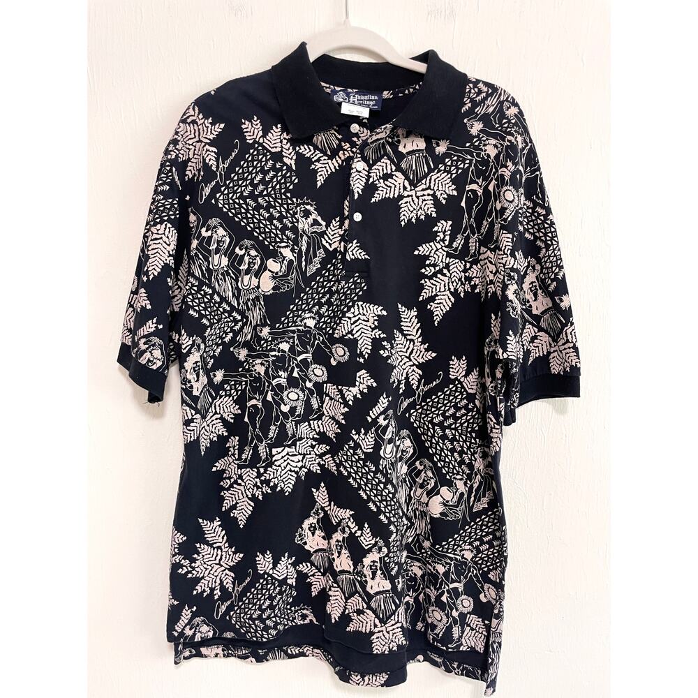 VTG Hawaiian Heritage Allan James Mens Polo Shirt M Black Hula Dancers Cotton